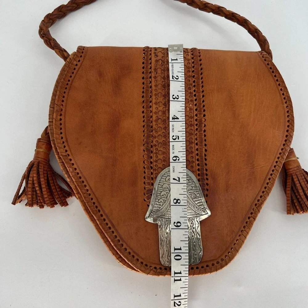 Vtg Four Winds‎ Leather Crossbody Brown Boho Hamsa Concho Morocco Braided Hippie